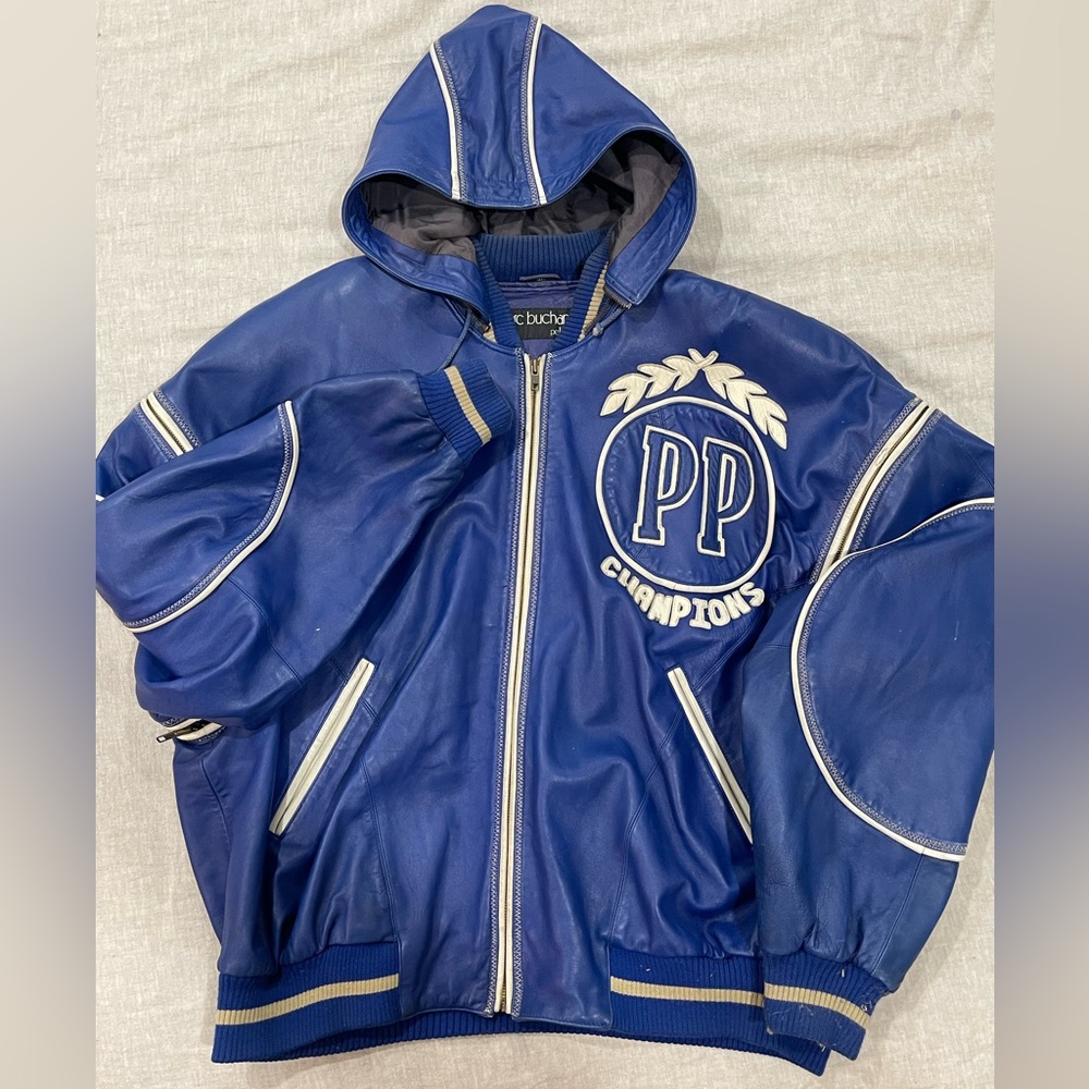 Marc Buchanan Pelle Pelle Blue Leather Baseball Champions Jacket Hooded Size XL